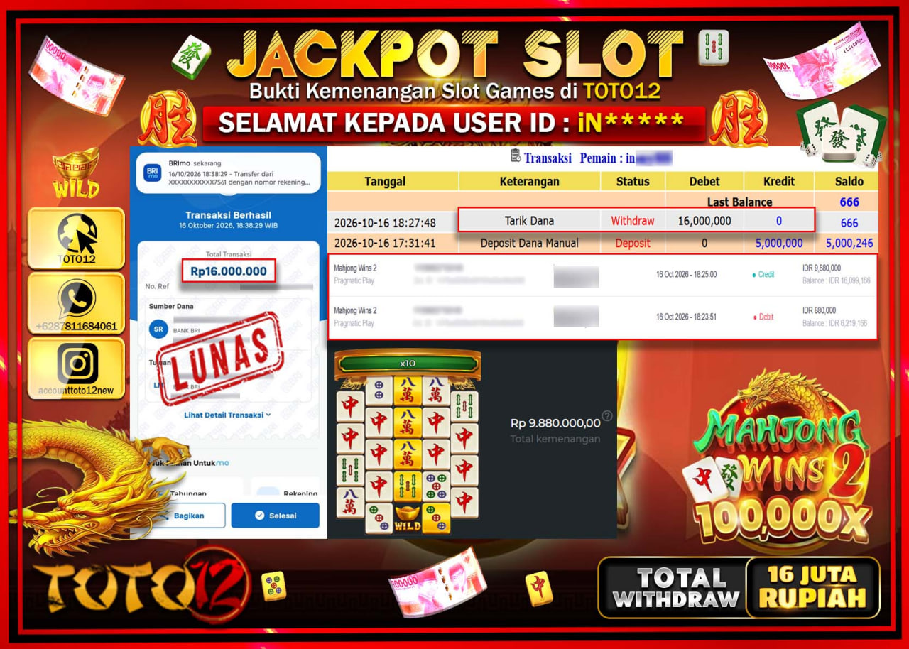 HANYA DI TOTO12 JP PASTI DI BAYAR LUNAS DAN CEPAT!!!!!! JACKPOT SLOT GAME(MAHJONG WINS 2 ) Rp16.000.000!!!!