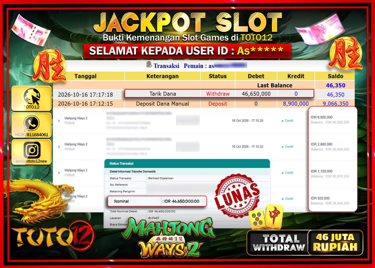 HANYA DI TOTO12 JP PASTI DI BAYAR LUNAS DAN CEPAT!!!!!! JACKPOT SLOT GAME(MAHJONG WAYS 2) Rp46.650.000!!!!