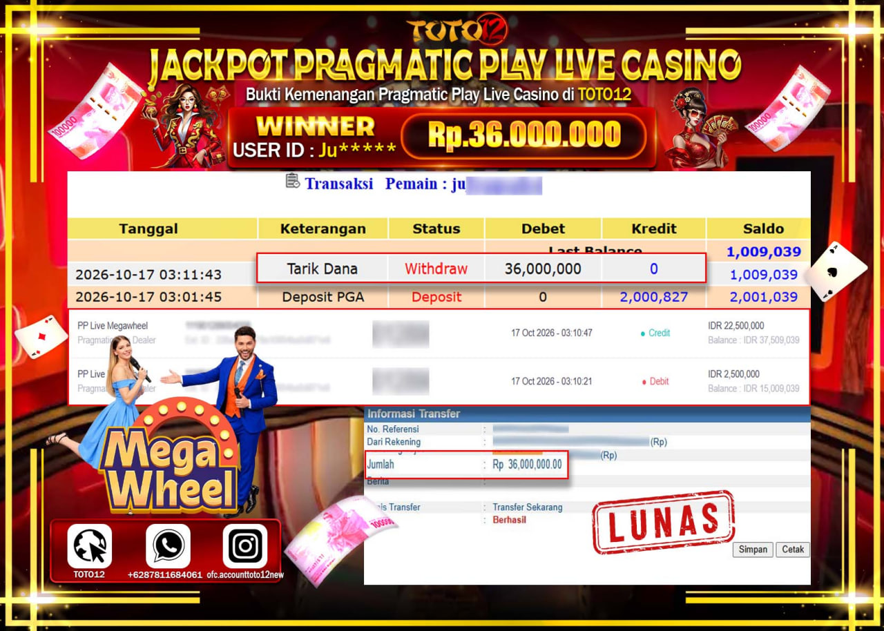 HANYA DI TOTO12 JP PASTI DI BAYAR LUNAS DAN CEPAT!!!!!! JACKPOT PRAGMATIC PLAY LIVE CASINO(MEGA WHEEL) Rp36.000.000!!!!