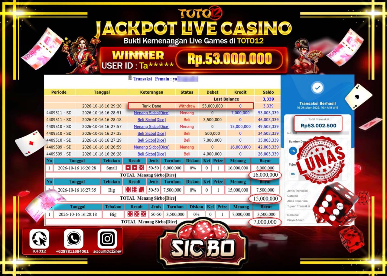 HANYA DI TOTO12 JP PASTI DI BAYAR LUNAS DAN CEPAT!!!!!! JACKPOT  LIVE CASINO(SICBO DICE) Rp53.000.000!!!!