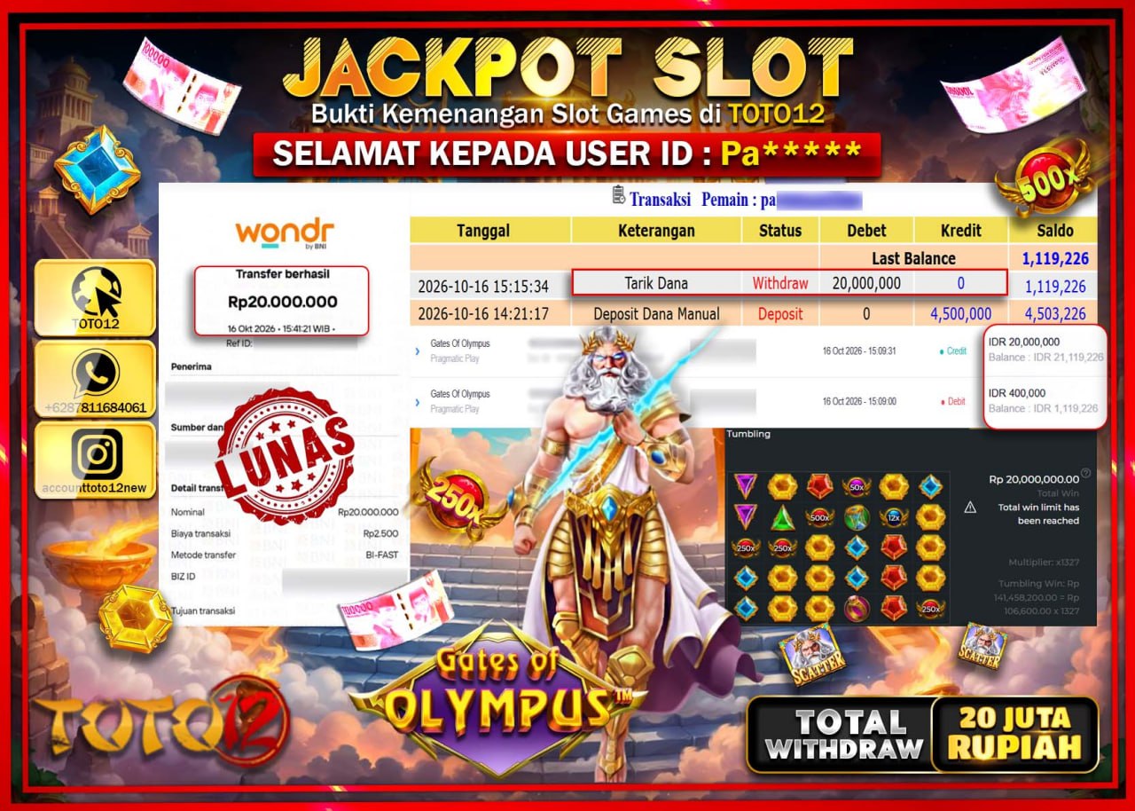 HANYA DI TOTO12 JP PASTI DI BAYAR LUNAS DAN CEPAT!!!!!! JACKPOT SLOT GAME(GATES OF OLYMPUS) Rp20.000.000!!!!