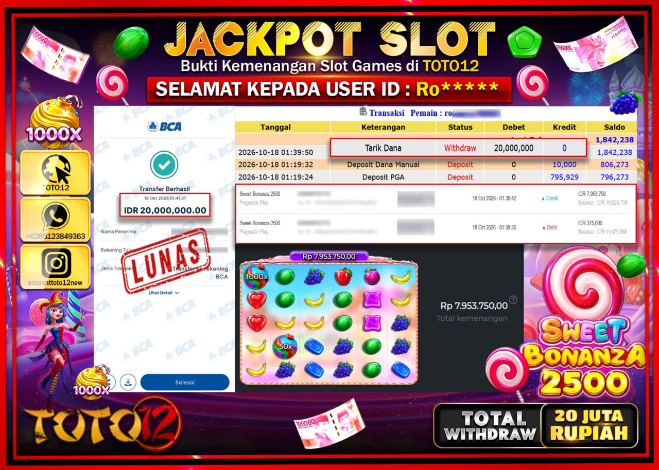 HANYA DI TOTO12 JP PASTI DI BAYAR LUNAS DAN CEPAT!!!!!! JACKPOT SLOT GAME(SWEET BONANZA 2500) Rp20.000.000!!!!