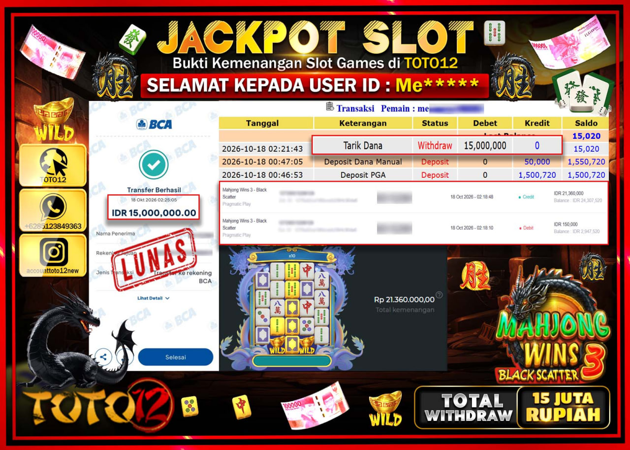 HANYA DI TOTO12 JP PASTI DI BAYAR LUNAS DAN CEPAT!!!!!! JACKPOT SLOT GAME(MAHJONG WINS 3 BLACK SCATTER) Rp15.000.000!!!!