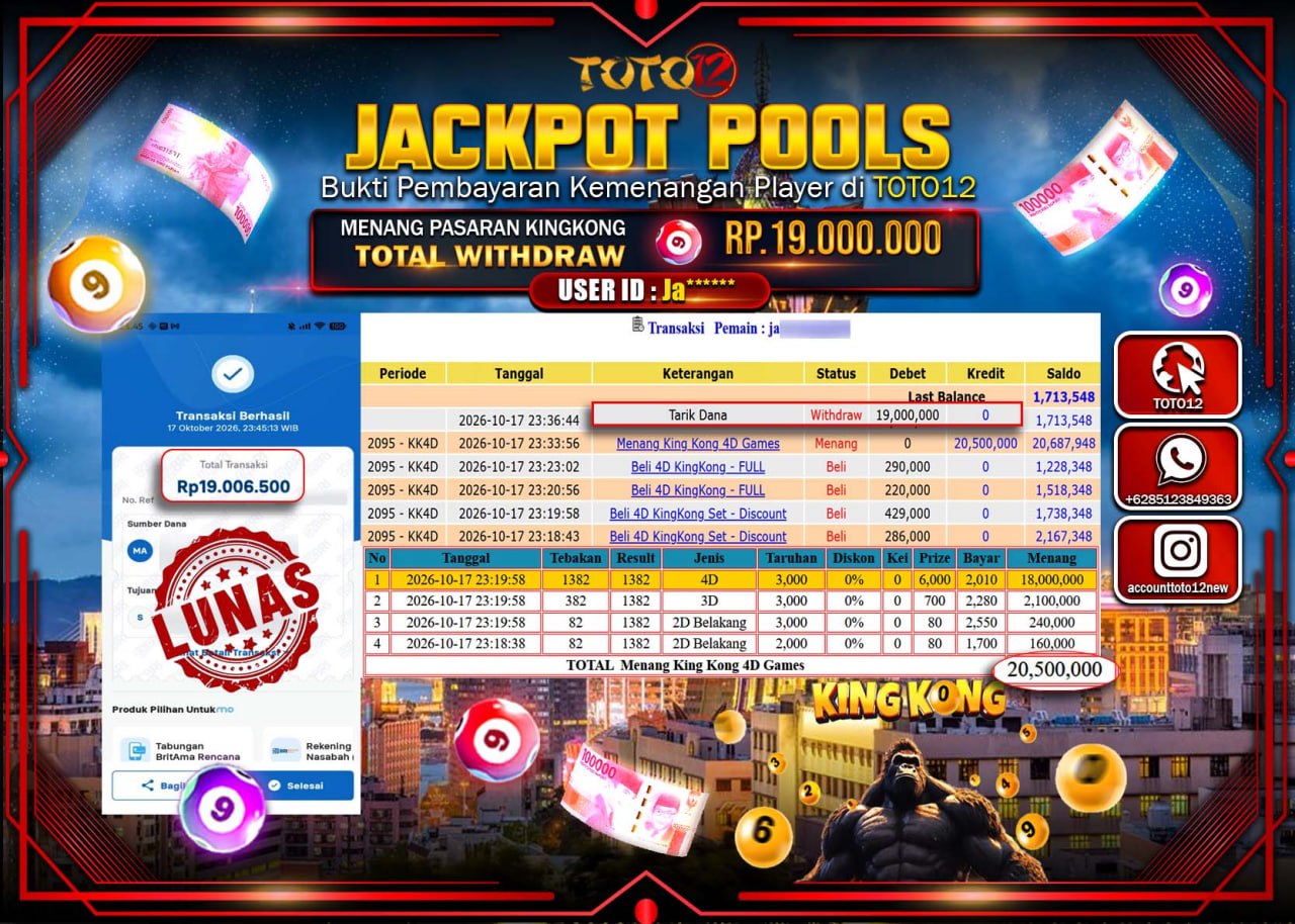 HANYA DI TOTO12 JP PASTI DI BAYAR LUNAS DAN CEPAT!!!!!! JACKPOT POOLS PASARAN(KINGKONG) Rp19.000.000!!!!