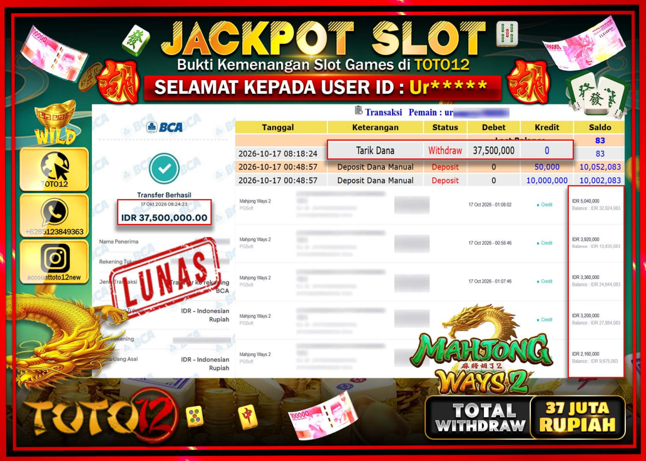 HANYA DI TOTO12 JP PASTI DI BAYAR LUNAS DAN CEPAT!!!!!! JACKPOT SLOT GAME(MAHJONG WAYS 2) Rp37.500.000!!!!