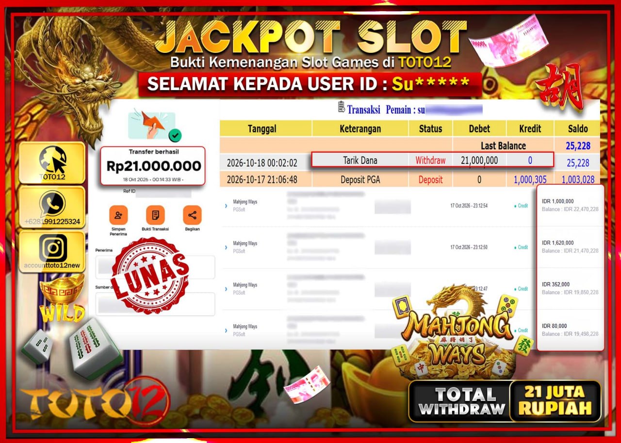 HANYA DI TOTO12 JP PASTI DI BAYAR LUNAS DAN CEPAT!!!!!! JACKPOT SLOT GAME(MAHJONG WAYS) Rp21.000.000!!!!