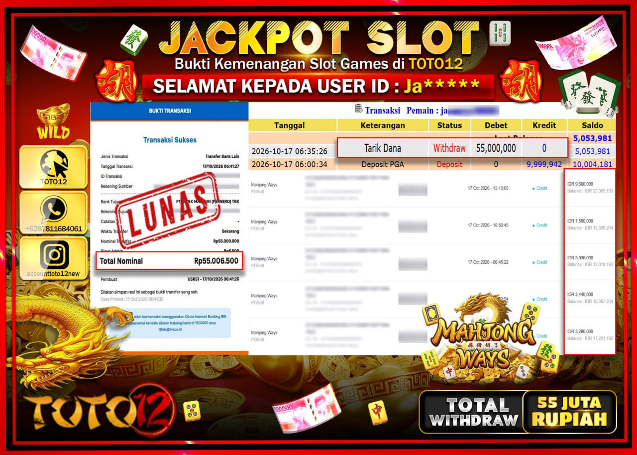 HANYA DI TOTO12 JP PASTI DI BAYAR LUNAS DAN CEPAT!!!!!! JACKPOT SLOT GAME(MAHJONG WAYS) Rp55.000.000!!!!