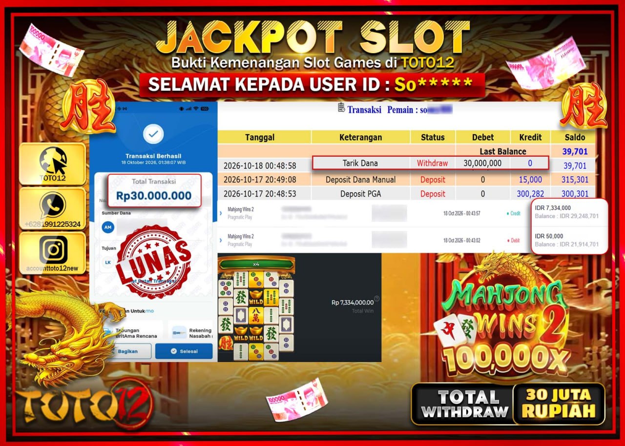 HANYA DI TOTO12 JP PASTI DI BAYAR LUNAS DAN CEPAT!!!!!! JACKPOT SLOT GAME(MAHJONG WINS 2) Rp30.000.000!!!!