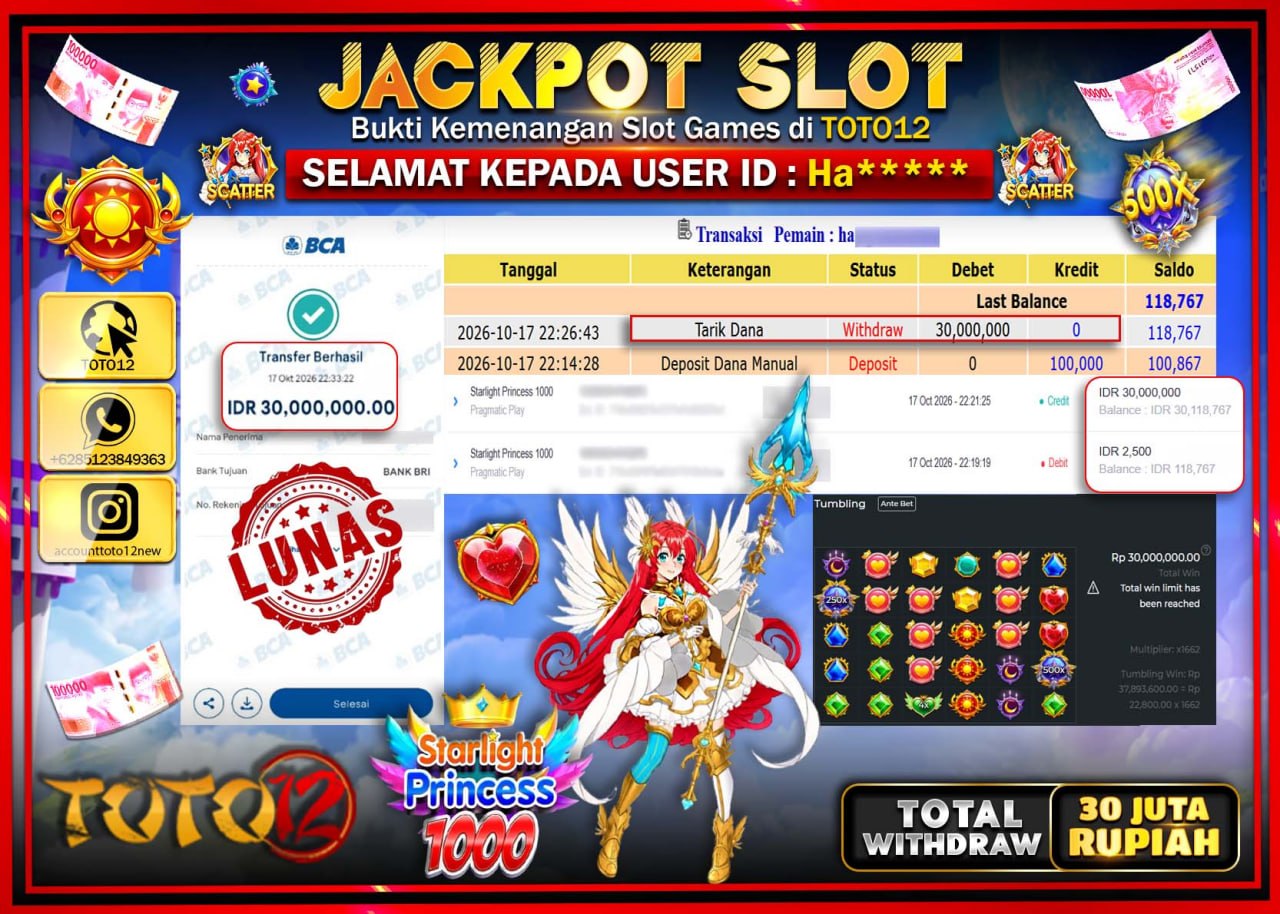HANYA DI TOTO12 JP PASTI DI BAYAR LUNAS DAN CEPAT!!!!!! JACKPOT SLOT GAME(STARLIGHT PRINCESS 1000) Rp30.000.000!!!!