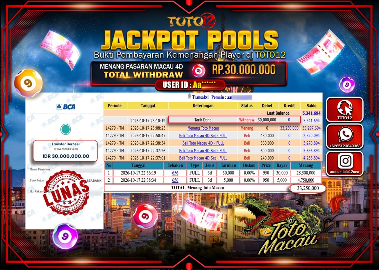 HANYA DI TOTO12 JP PASTI DI BAYAR LUNAS DAN CEPAT!!!!!! JACKPOT POOLS PASARAN(MACAU4D) Rp30.000.000!!!!