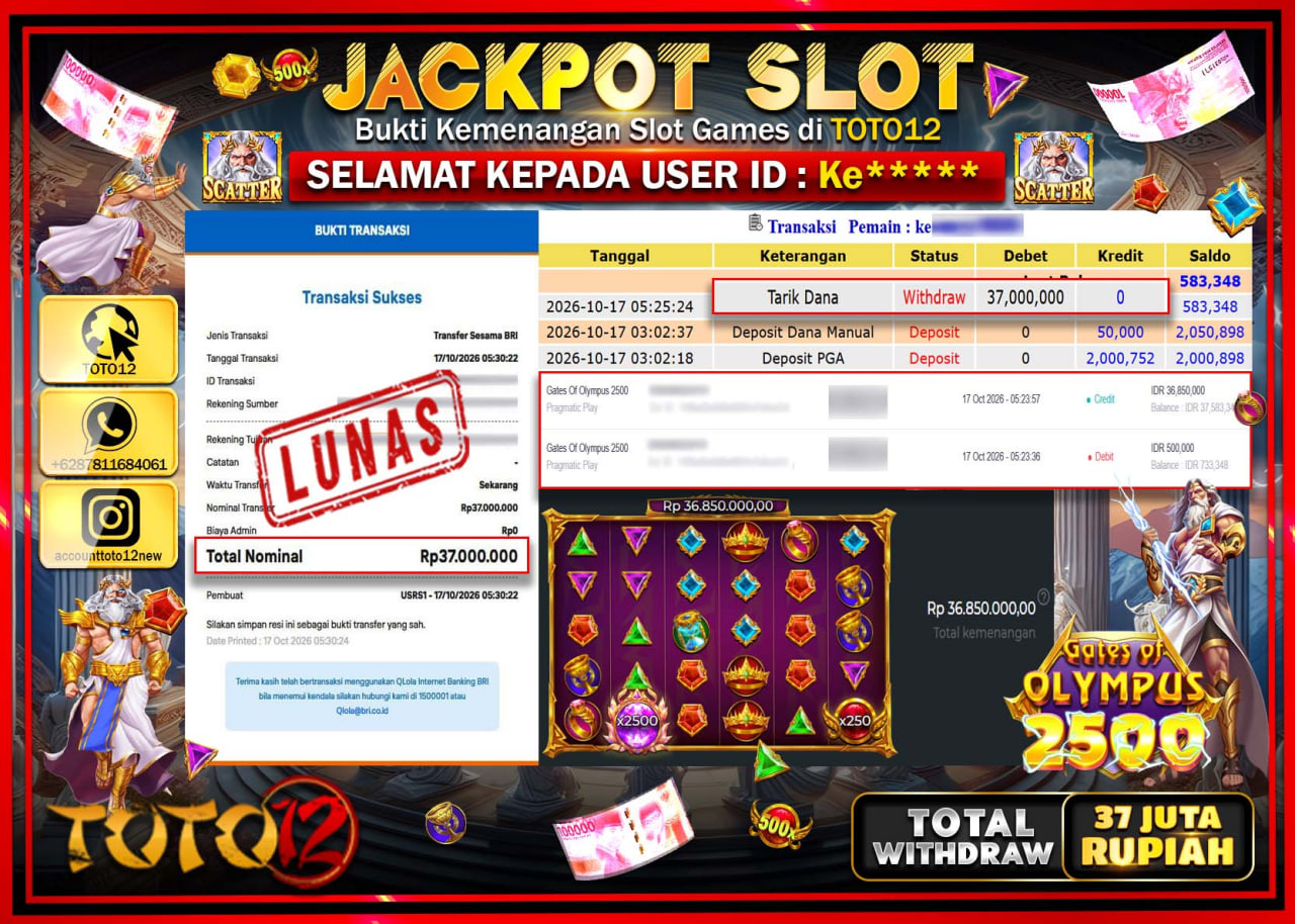 HANYA DI TOTO12 JP PASTI DI BAYAR LUNAS DAN CEPAT!!!!!! JACKPOT SLOT GAME(GATES OF OLYMPUS 2500) Rp37.000.000!!!!