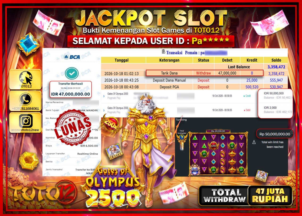HANYA DI TOTO12 JP PASTI DI BAYAR LUNAS DAN CEPAT!!!!!! JACKPOT SLOT GAME(GATES OF OLYMPUS 2500) Rp47.000.000!!!!