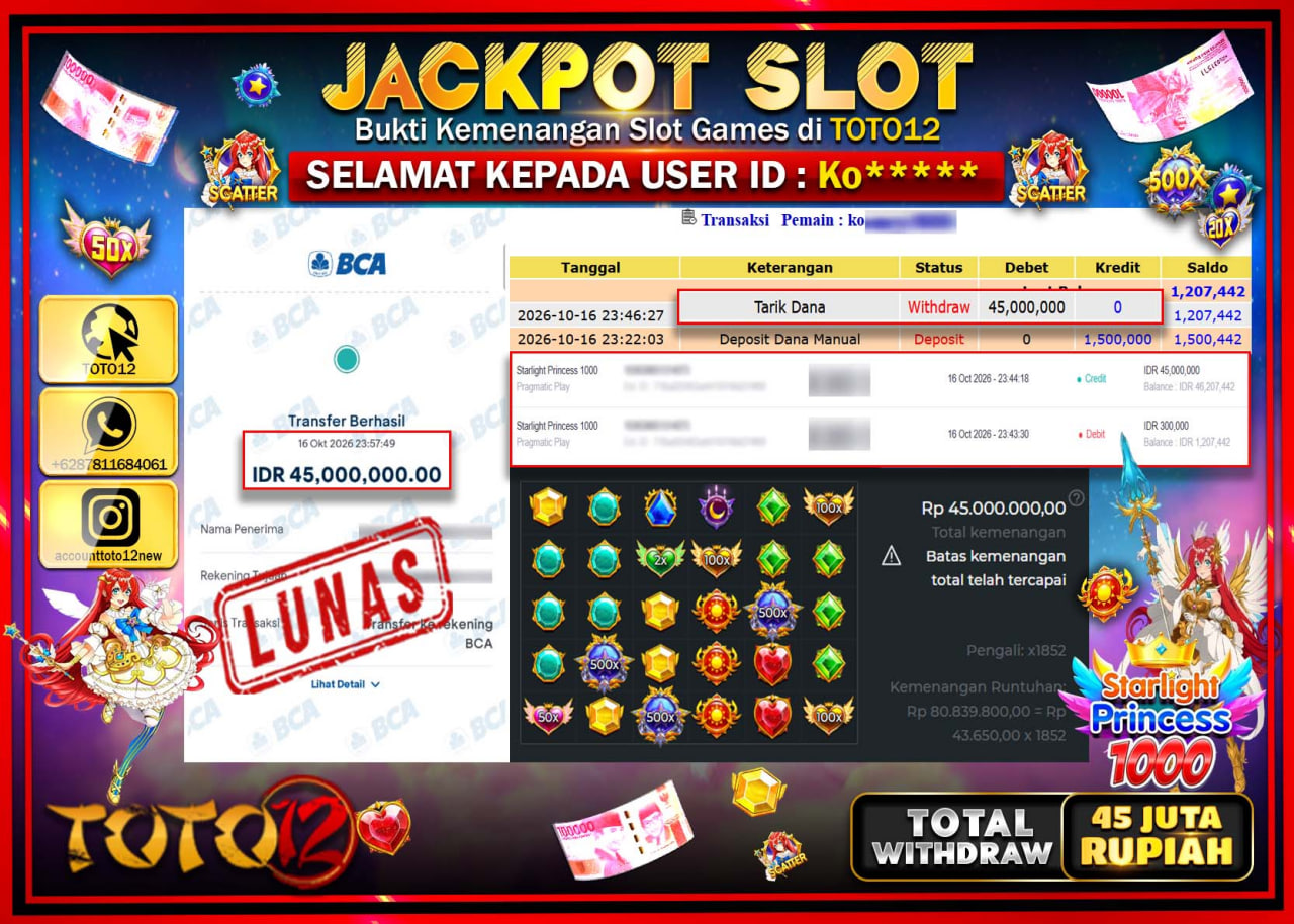 HANYA DI TOTO12 JP PASTI DI BAYAR LUNAS DAN CEPAT!!!!!! JACKPOT SLOT GAME(STARLIGHT PRINCESS 1000) Rp45.000.000!!!!