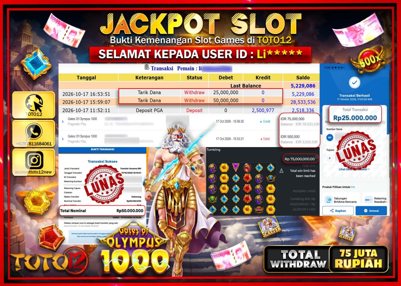 HANYA DI TOTO12 JP PASTI DI BAYAR LUNAS DAN CEPAT!!!!!! JACKPOT SLOT GAME(GATES OF OLYMPUS 1000) Rp75.000.000!!!!