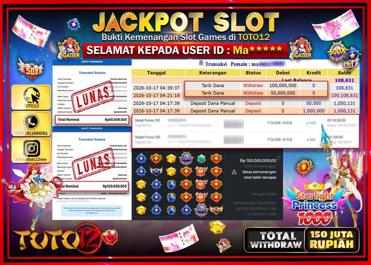 HANYA DI TOTO12 JP PASTI DI BAYAR LUNAS DAN CEPAT!!!!!! JACKPOT SLOT GAME(STARLIGHT PRINCESS 1000) Rp150.000.000!!!!
