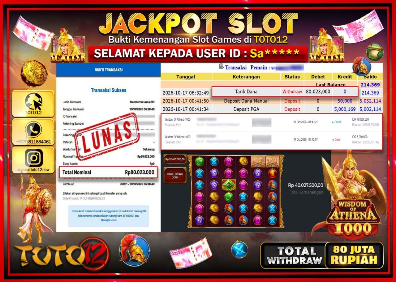HANYA DI TOTO12 JP PASTI DI BAYAR LUNAS DAN CEPAT!!!!!! JACKPOT SLOT GAME(WISDOM OF ATHENA 1000) Rp80.023.000!!!!