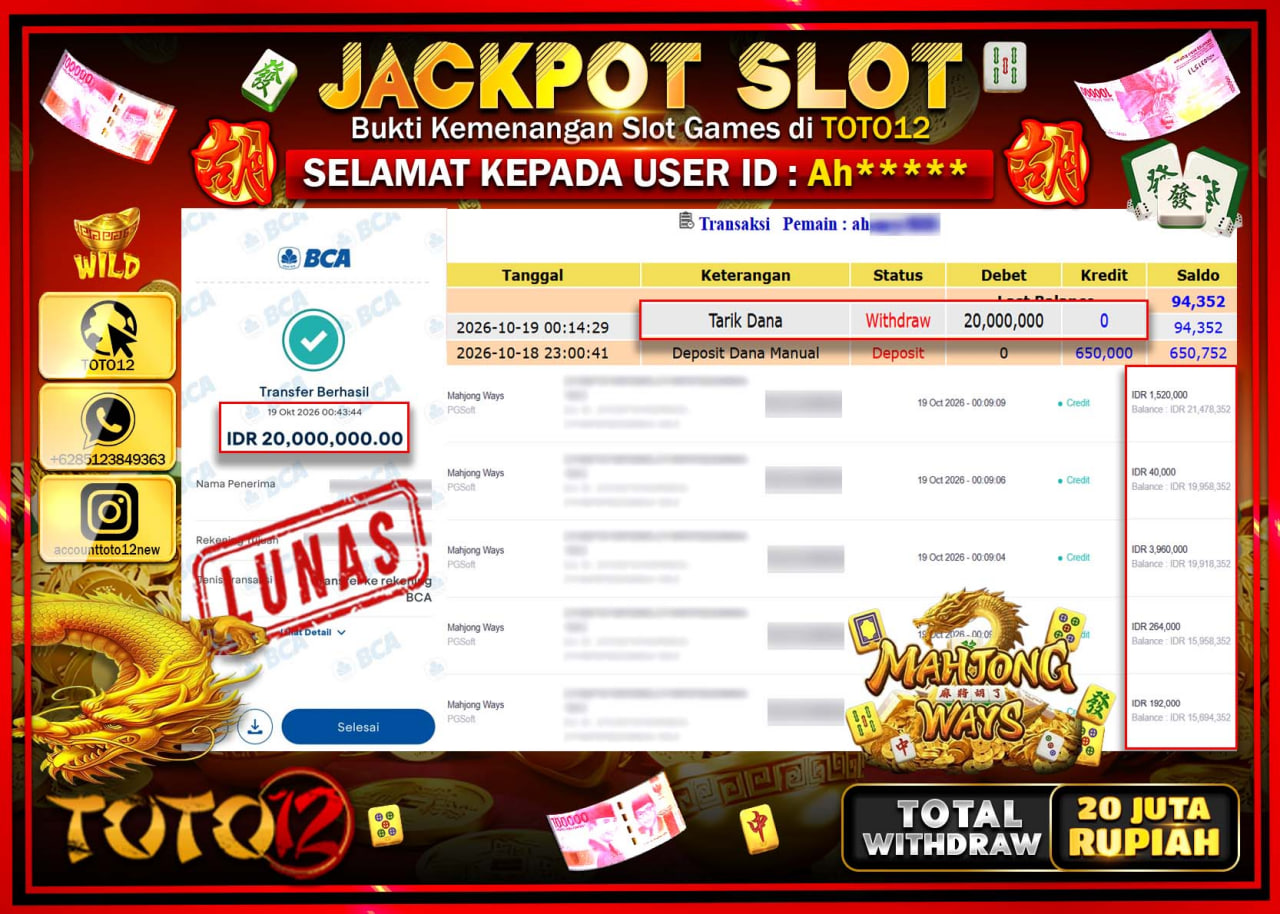 HANYA DI TOTO12 JP PASTI DI BAYAR LUNAS DAN CEPAT!!!!!! JACKPOT SLOT GAME(MAHJONG WAYS) Rp20.000.000!!!!