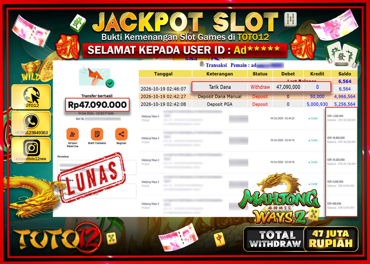 HANYA DI TOTO12 JP PASTI DI BAYAR LUNAS DAN CEPAT!!!!!! JACKPOT SLOT GAME(MAHJONG WAYS 2) Rp47.090.000!!!!