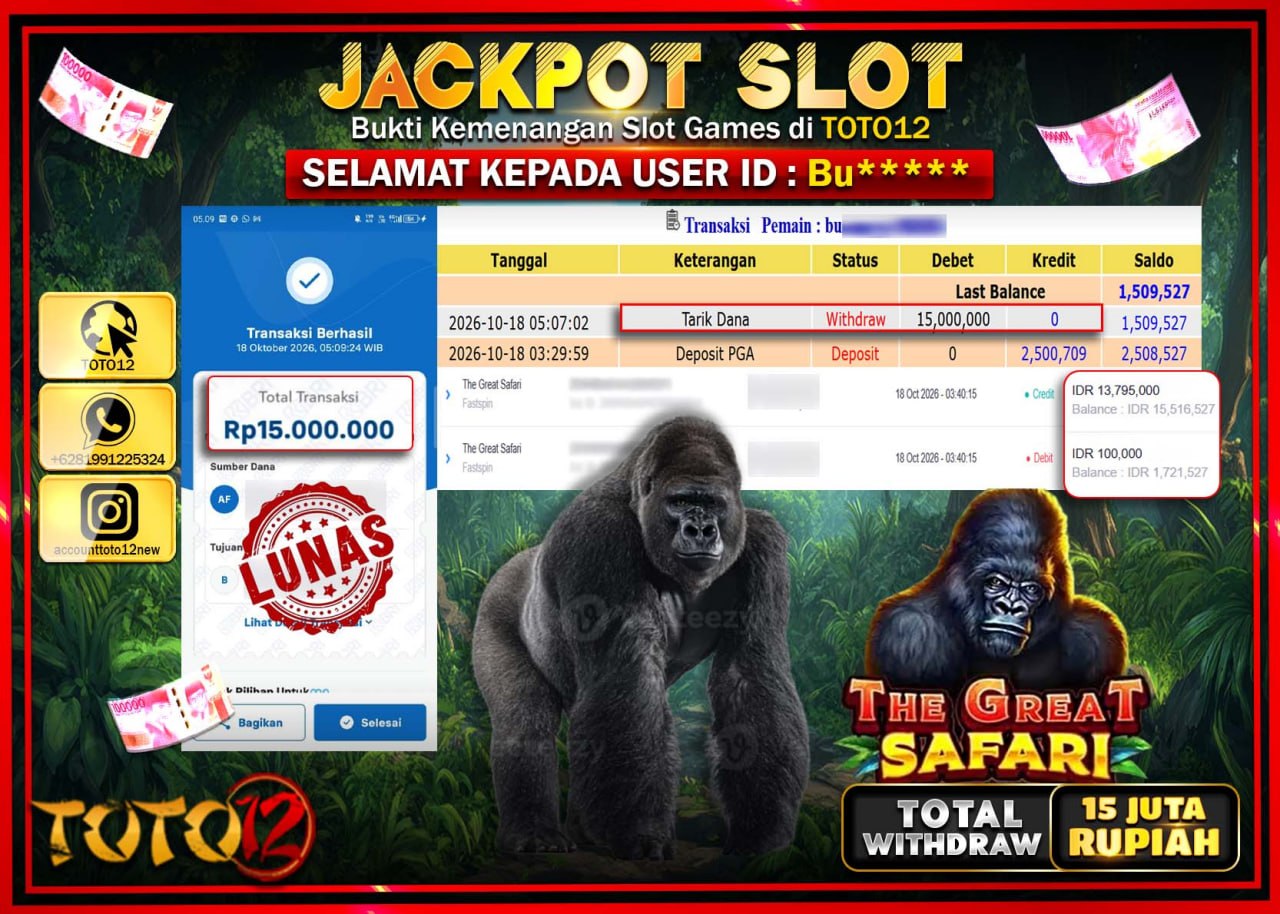HANYA DI TOTO12 JP PASTI DI BAYAR LUNAS DAN CEPAT!!!!!! JACKPOT SLOT GAME(THE GREAT SAFARI) Rp15.000.000!!!!