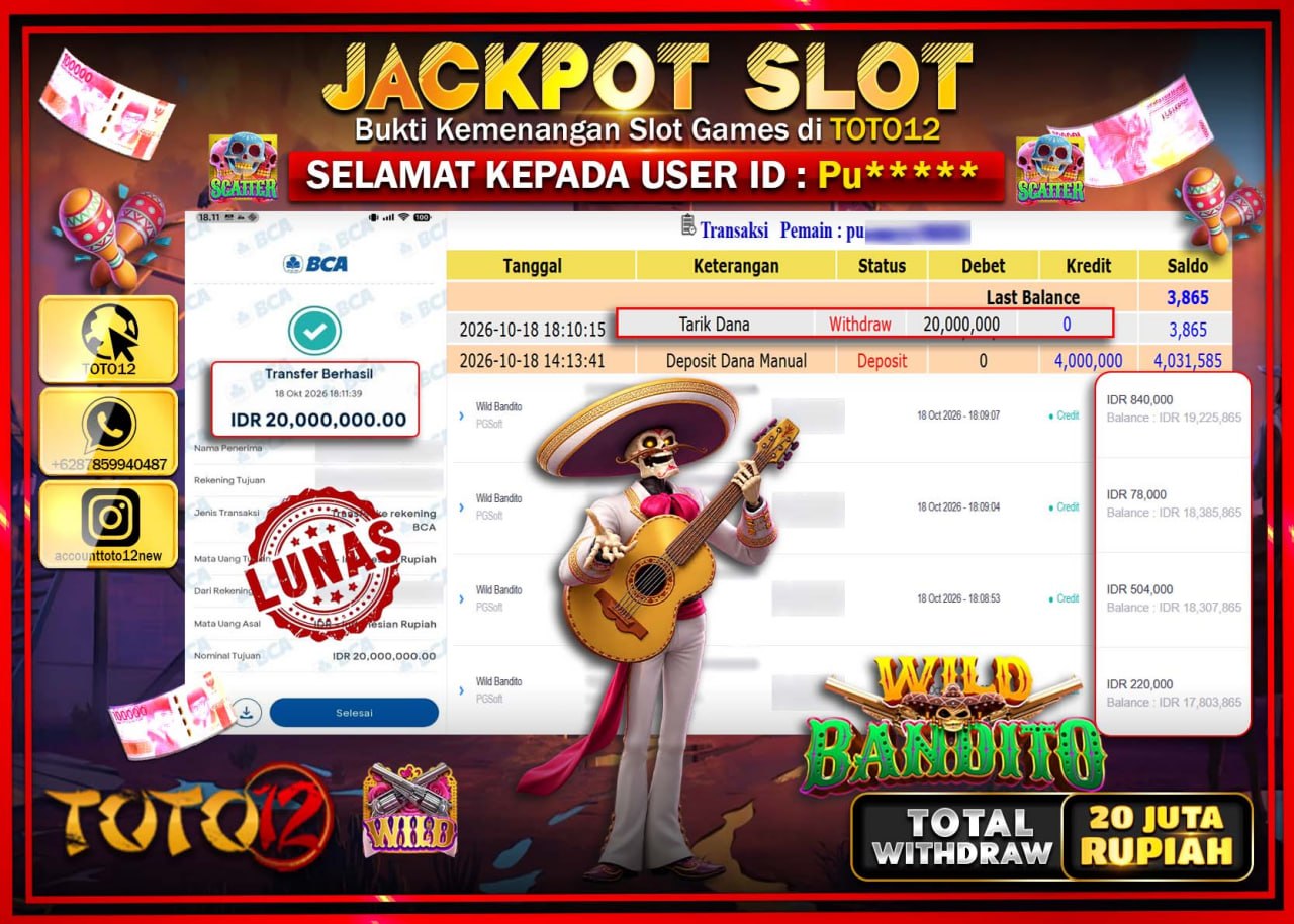 HANYA DI TOTO12 JP PASTI DI BAYAR LUNAS DAN CEPAT!!!!!! JACKPOT SLOT GAME(WILD BANDITO) Rp20.000.000!!!!