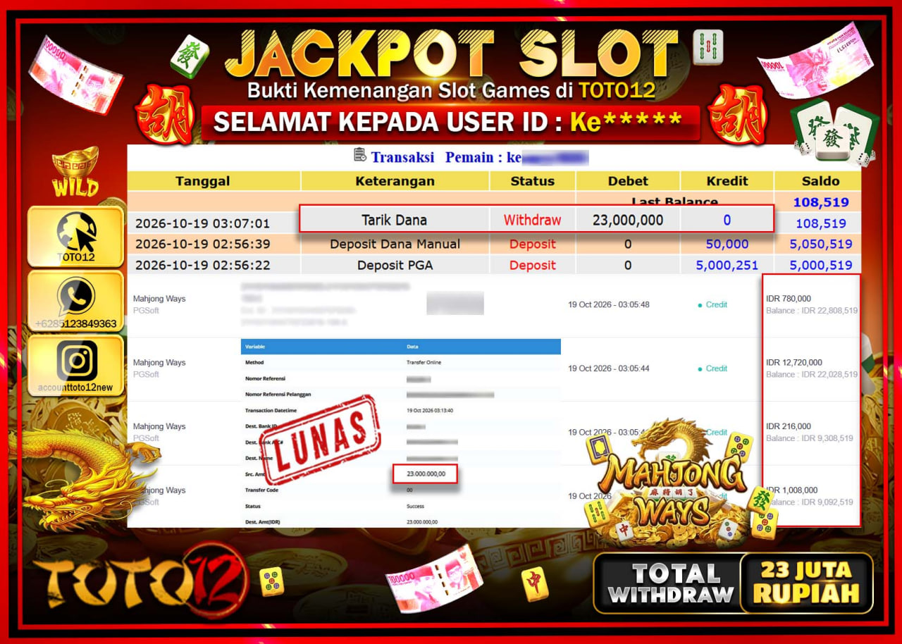 HANYA DI TOTO12 JP PASTI DI BAYAR LUNAS DAN CEPAT!!!!!! JACKPOT SLOT GAME(MAHJONG WAYS) Rp23.000.000!!!!