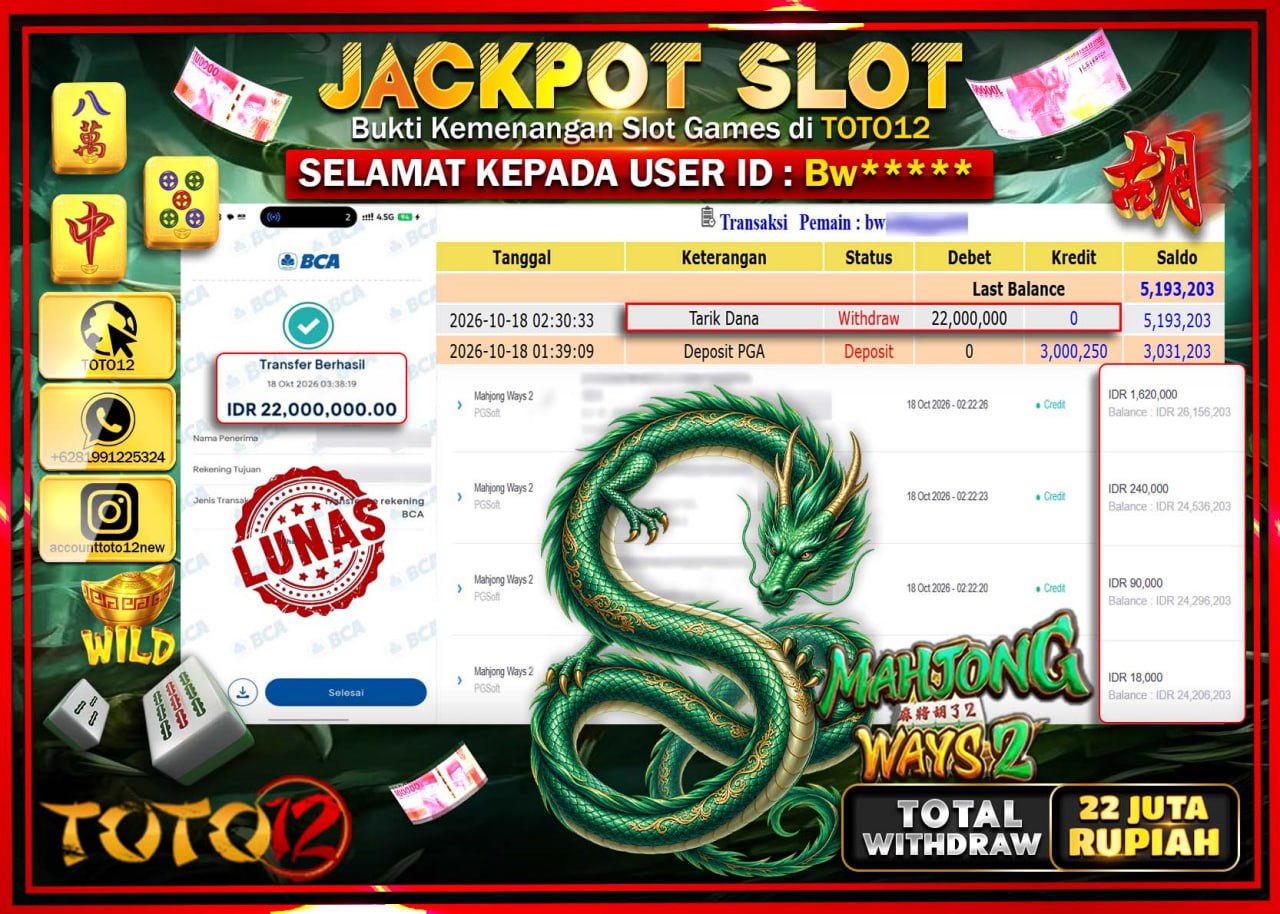 HANYA DI TOTO12 JP PASTI DI BAYAR LUNAS DAN CEPAT!!!!!! JACKPOT SLOT GAME(MAHJONG WAYS 2) Rp22.000.000!!!!