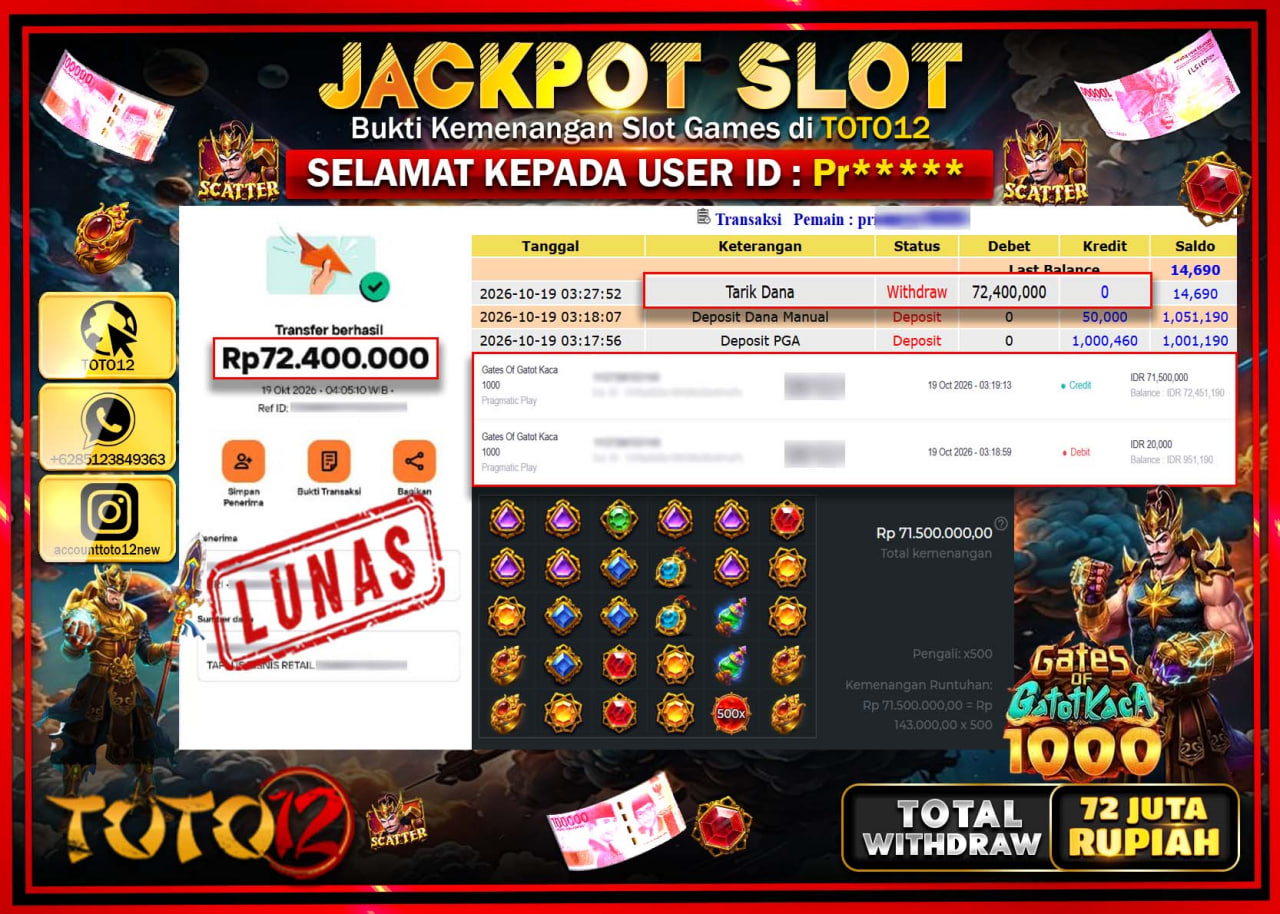 HANYA DI TOTO12 JP PASTI DI BAYAR LUNAS DAN CEPAT!!!!!! JACKPOT SLOT GAME(GATES OF GATOT KACA 1000) Rp72.400.000!!!!