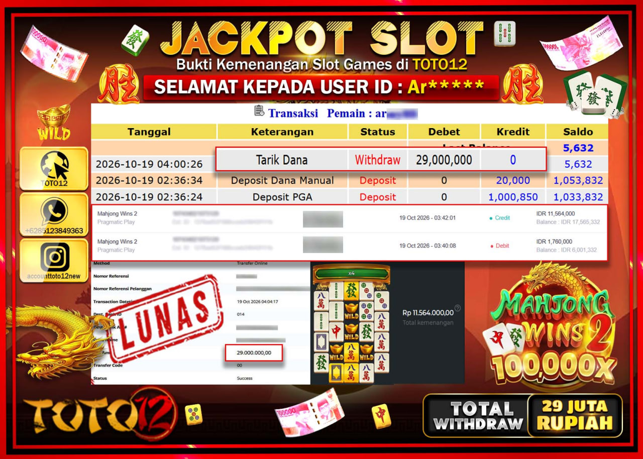 HANYA DI TOTO12 JP PASTI DI BAYAR LUNAS DAN CEPAT!!!!!! JACKPOT SLOT GAME(MAHJONG WINS 2) Rp29.000.000!!!!