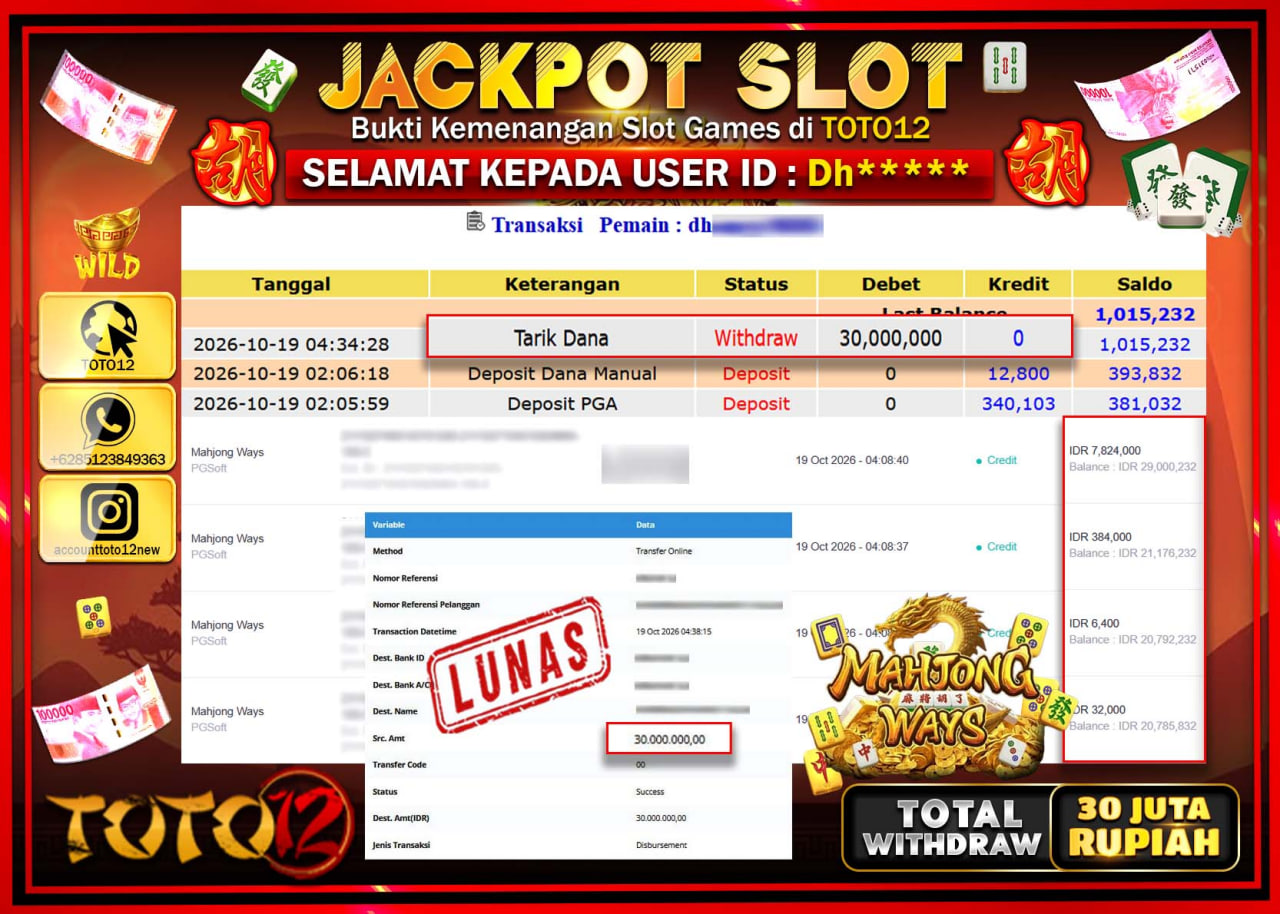 HANYA DI TOTO12 JP PASTI DI BAYAR LUNAS DAN CEPAT!!!!!! JACKPOT SLOT GAME(MAHJONG WAYS) Rp30.000.000!!!!