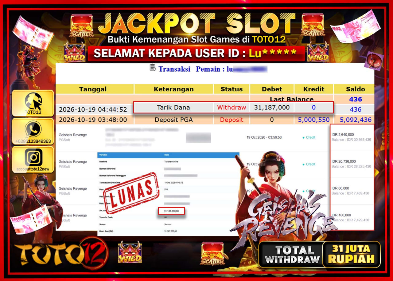 HANYA DI TOTO12 JP PASTI DI BAYAR LUNAS DAN CEPAT!!!!!! JACKPOT SLOT GAME(GEISHAS REVENGE) Rp31.187.000!!!!