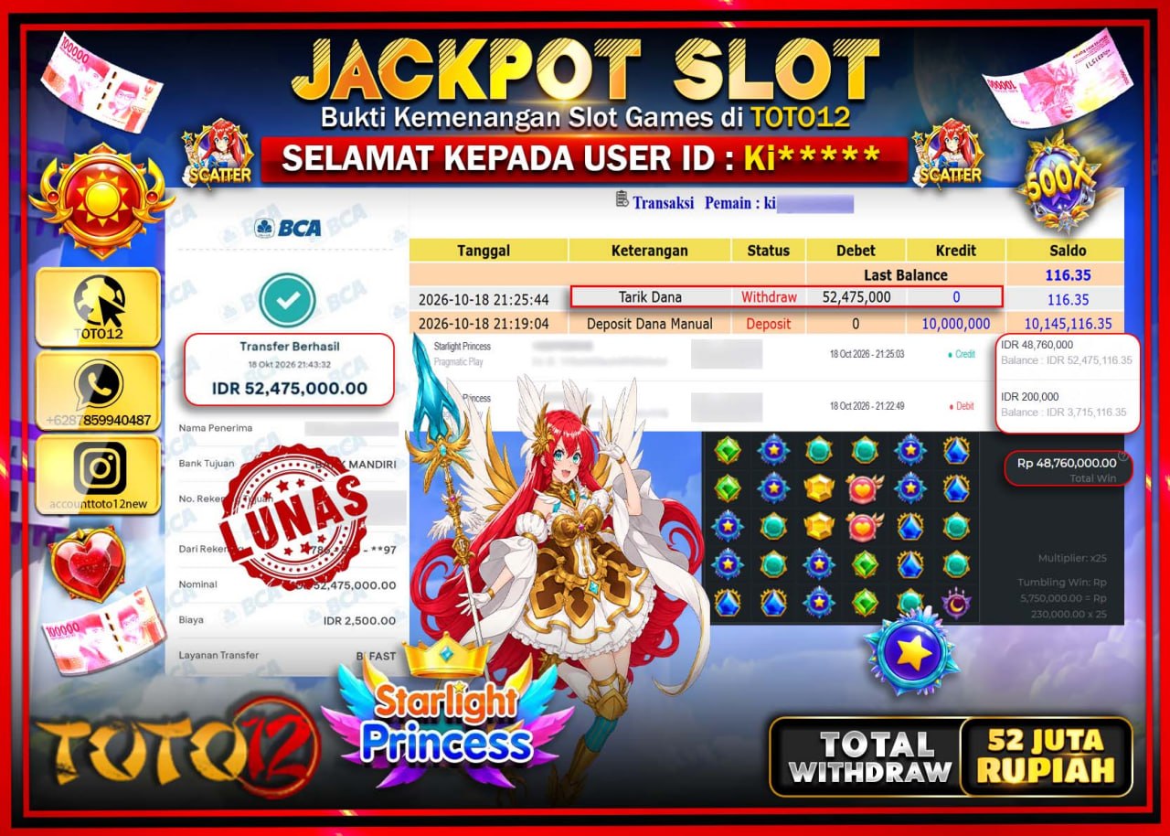 HANYA DI TOTO12 JP PASTI DI BAYAR LUNAS DAN CEPAT!!!!!! JACKPOT SLOT GAME(STARLIGHT PRINCESS) Rp52.475.000!!!!