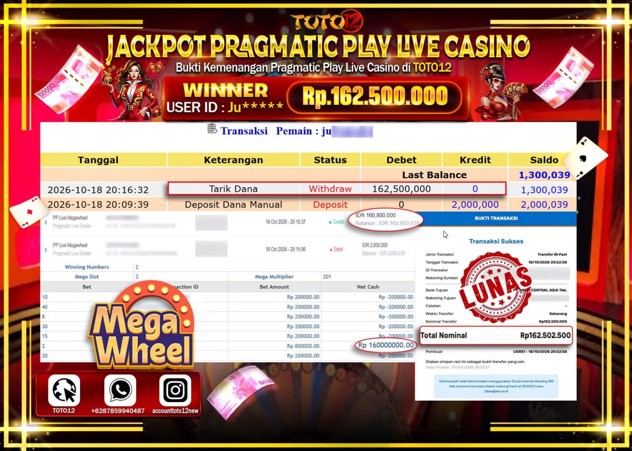HANYA DI TOTO12 JP PASTI DI BAYAR LUNAS DAN CEPAT!!!!!! JACKPOT PRAGMATIC PLAY LIVE CASINO(MEGA WHEEL) Rp162.500.000!!!!