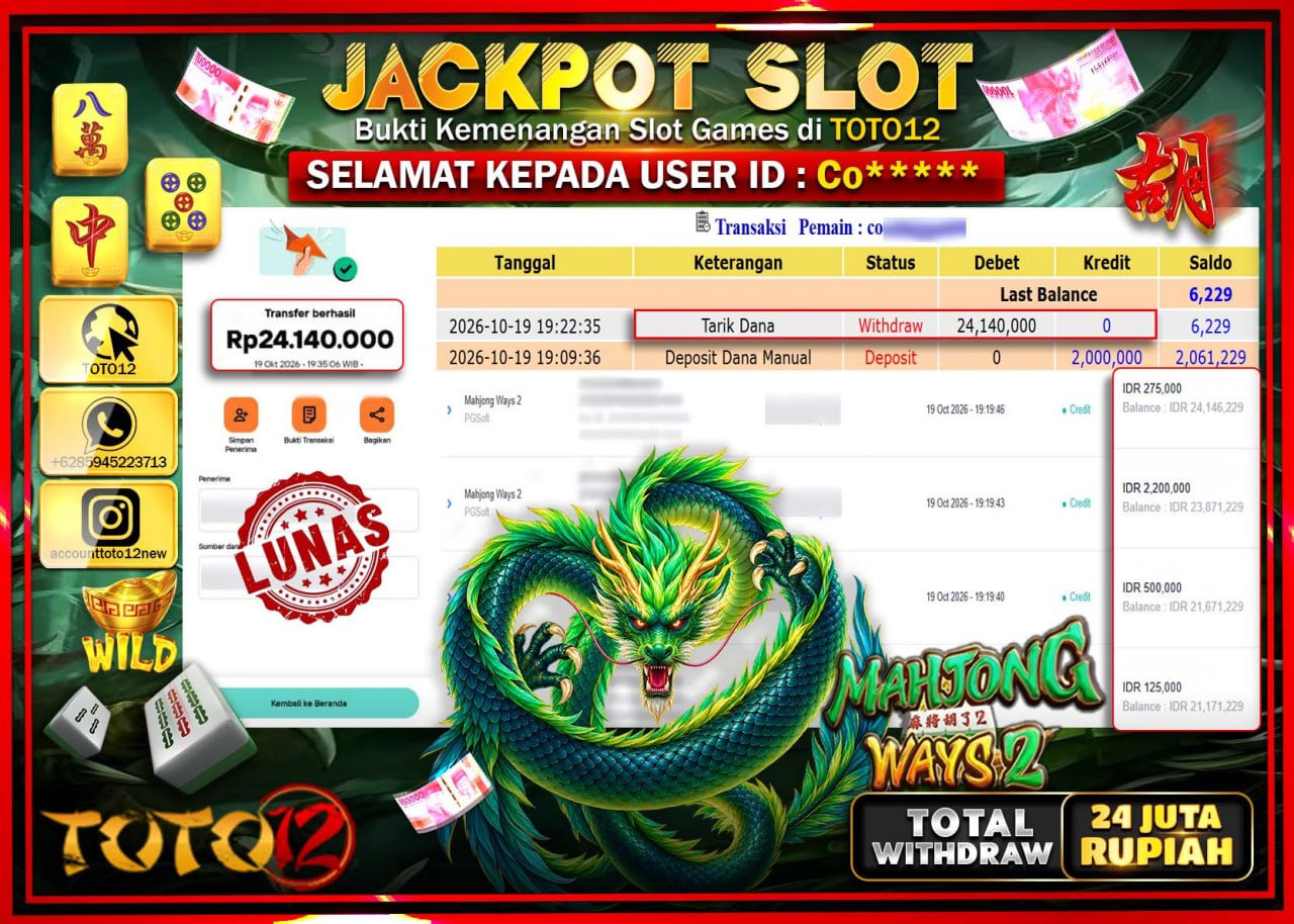 HANYA DI TOTO12 JP PASTI DI BAYAR LUNAS DAN CEPAT!!!!!! JACKPOT SLOT GAME(MAHJONG WAYS 2) Rp24.140.000!!!!