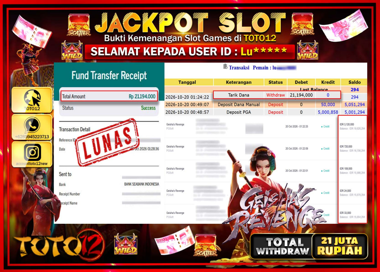 HANYA DI TOTO12 JP PASTI DI BAYAR LUNAS DAN CEPAT!!!!!! JACKPOT SLOT GAME(GEISHAS REVENGE) Rp21.194.000!!!!