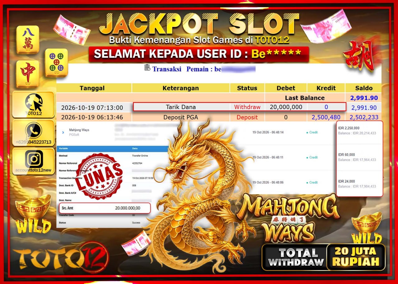 HANYA DI TOTO12 JP PASTI DI BAYAR LUNAS DAN CEPAT!!!!!! JACKPOT SLOT GAME(MAHJONG WAYS) Rp20.000.000!!!!