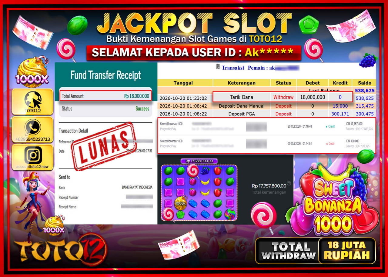 HANYA DI TOTO12 JP PASTI DI BAYAR LUNAS DAN CEPAT!!!!!! JACKPOT SLOT GAME(SWEET BONANZA 1000) Rp18.000.000!!!!