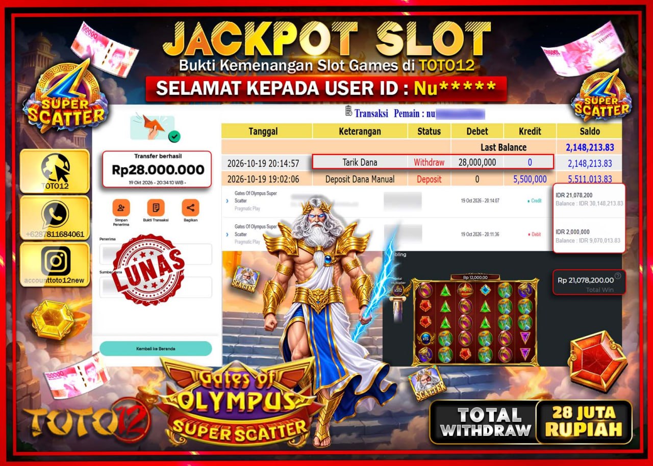 HANYA DI TOTO12 JP PASTI DI BAYAR LUNAS DAN CEPAT!!!!!! JACKPOT SLOT GAME(GATES OF OLYMPUS SUPER SCATTER) Rp28.000.000!!!!