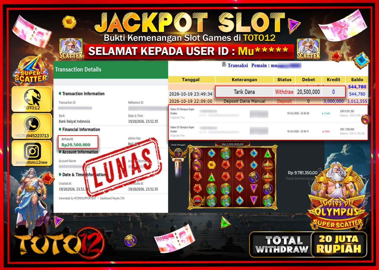 HANYA DI TOTO12 JP PASTI DI BAYAR LUNAS DAN CEPAT!!!!!! JACKPOT SLOT GAME(GATES OF OLYMPUS SUPER SCATTER) Rp20.500.000!!!!