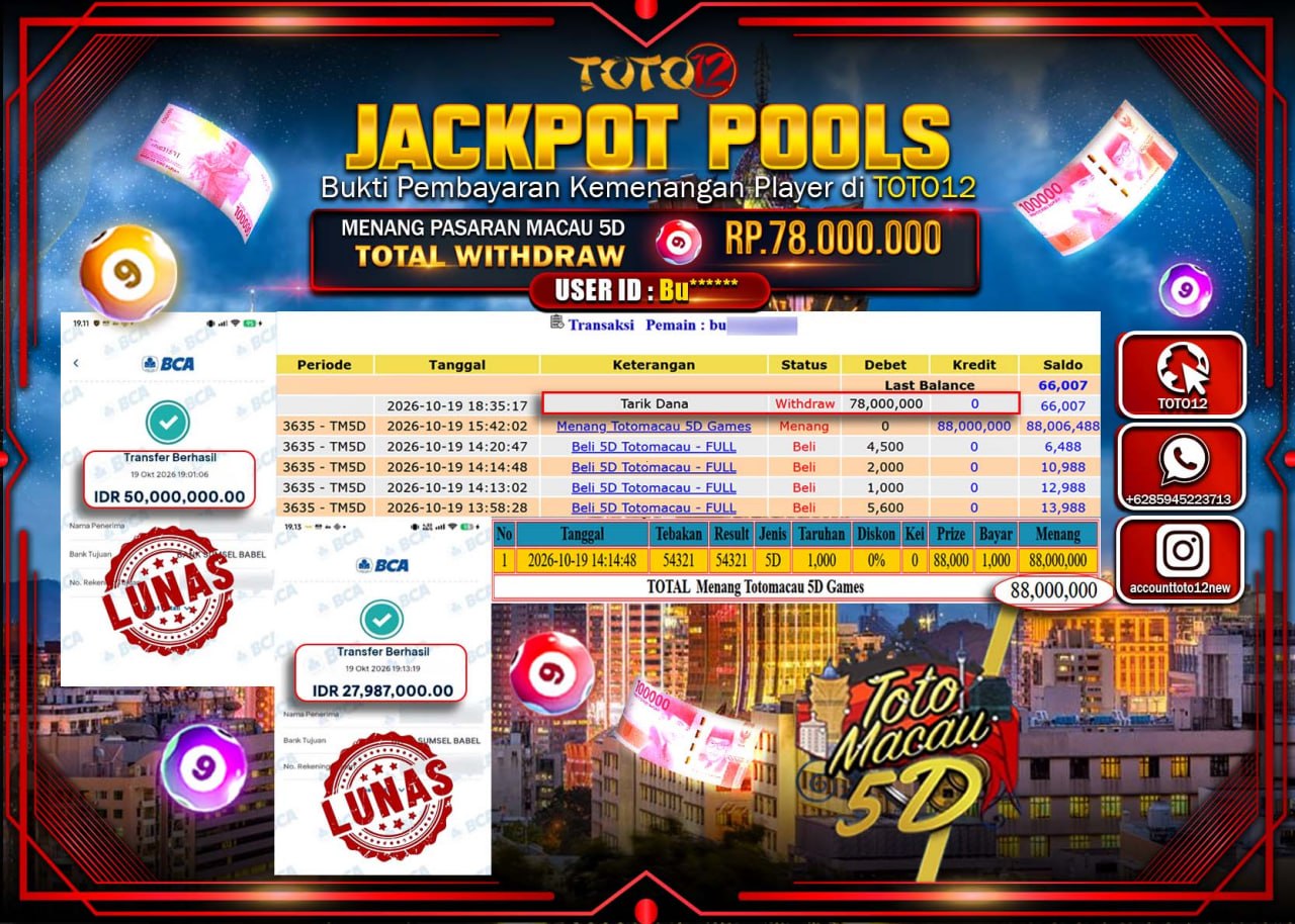 HANYA DI TOTO12 JP PASTI DI BAYAR LUNAS DAN CEPAT!!!!!! JACKPOT POOLS PASARAN(MACAU5D) Rp78.000.000!!!!