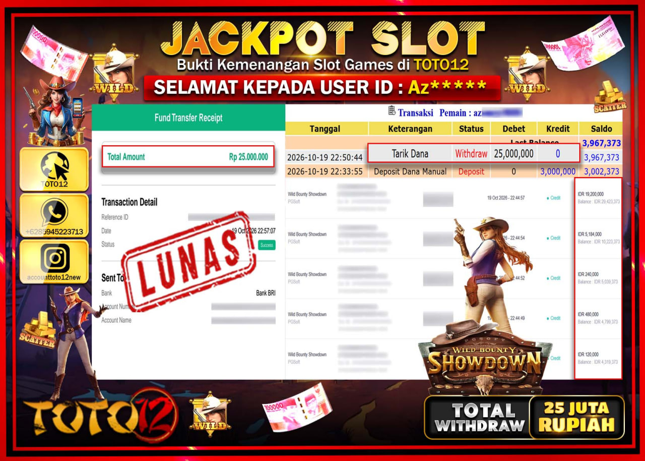 HANYA DI TOTO12 JP PASTI DI BAYAR LUNAS DAN CEPAT!!!!!! JACKPOT SLOT GAME(WILD BOUNTY SHOWDOWN) Rp25.000.000!!!!