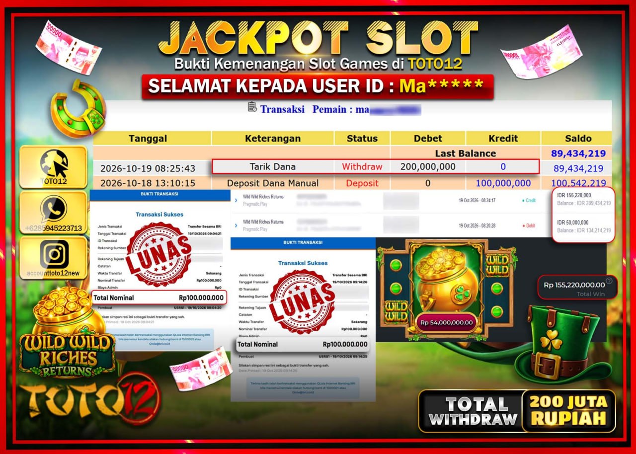 HANYA DI TOTO12 JP PASTI DI BAYAR LUNAS DAN CEPAT!!!!!! JACKPOT SLOT GAME(WILD WILD RICHEN RETURNS) Rp200.000.000!!!!
