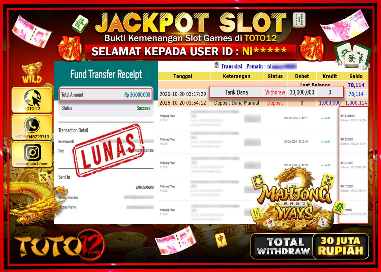 HANYA DI TOTO12 JP PASTI DI BAYAR LUNAS DAN CEPAT!!!!!! JACKPOT SLOT GAME(MAHJONG WAYS) Rp30.000.000!!!!