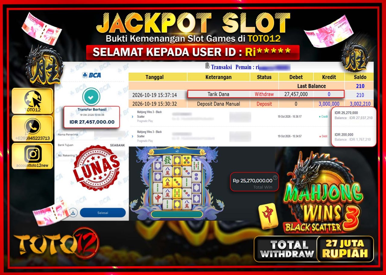 HANYA DI TOTO12 JP PASTI DI BAYAR LUNAS DAN CEPAT!!!!!! JACKPOT SLOT GAME(MAHJONG WINS 3 BLACK SCATTER) Rp27.457.000!!!!