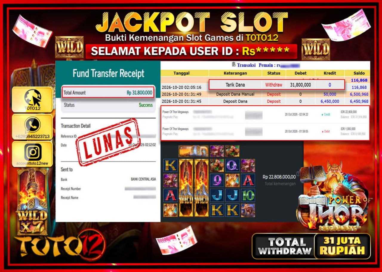 HANYA DI TOTO12 JP PASTI DI BAYAR LUNAS DAN CEPAT!!!!!! JACKPOT SLOT GAME(POWER OF THOR MEGAWAYS) Rp31.800.000!!!!