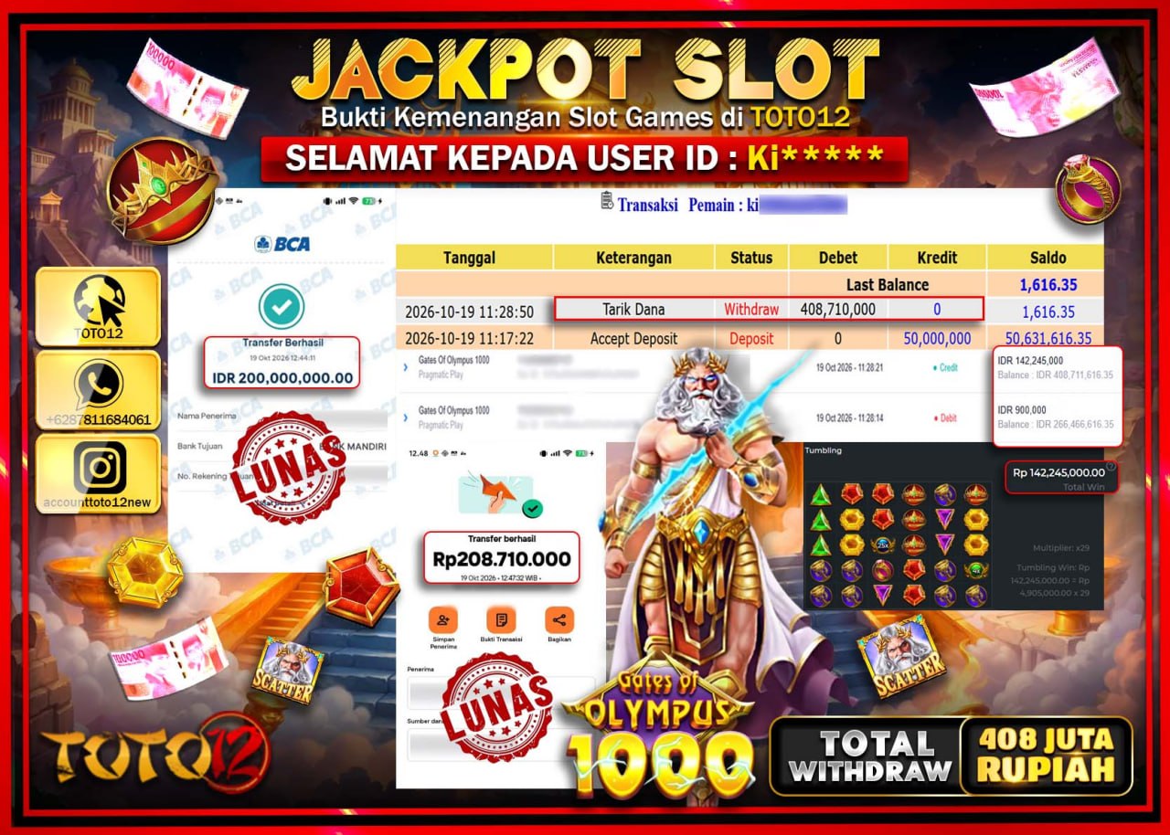 HANYA DI TOTO12 JP PASTI DI BAYAR LUNAS DAN CEPAT!!!!!! JACKPOT SLOT GAME(GATES OF OLYMPUS 1000) Rp408.710.000!!!!