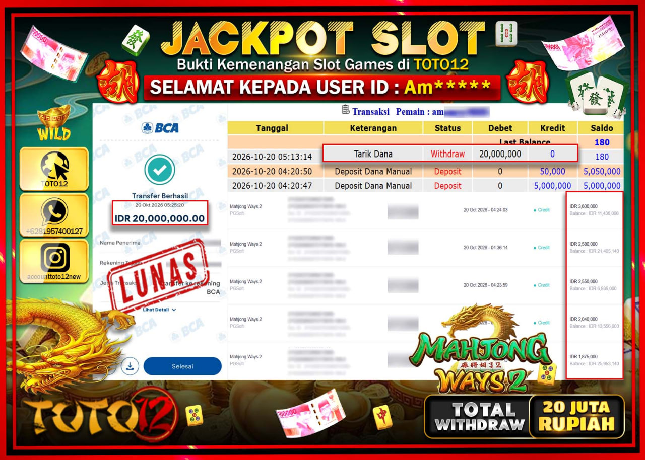HANYA DI TOTO12 JP PASTI DI BAYAR LUNAS DAN CEPAT!!!!!! JACKPOT SLOT GAME(MAHJONG WAYS 2) Rp20.000.000!!!!