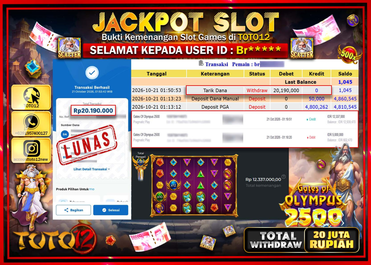 HANYA DI TOTO12 JP PASTI DI BAYAR LUNAS DAN CEPAT!!!!!! JACKPOT SLOT GAME(GATES OF OLYMPUS 2500) Rp20.190.000!!!!