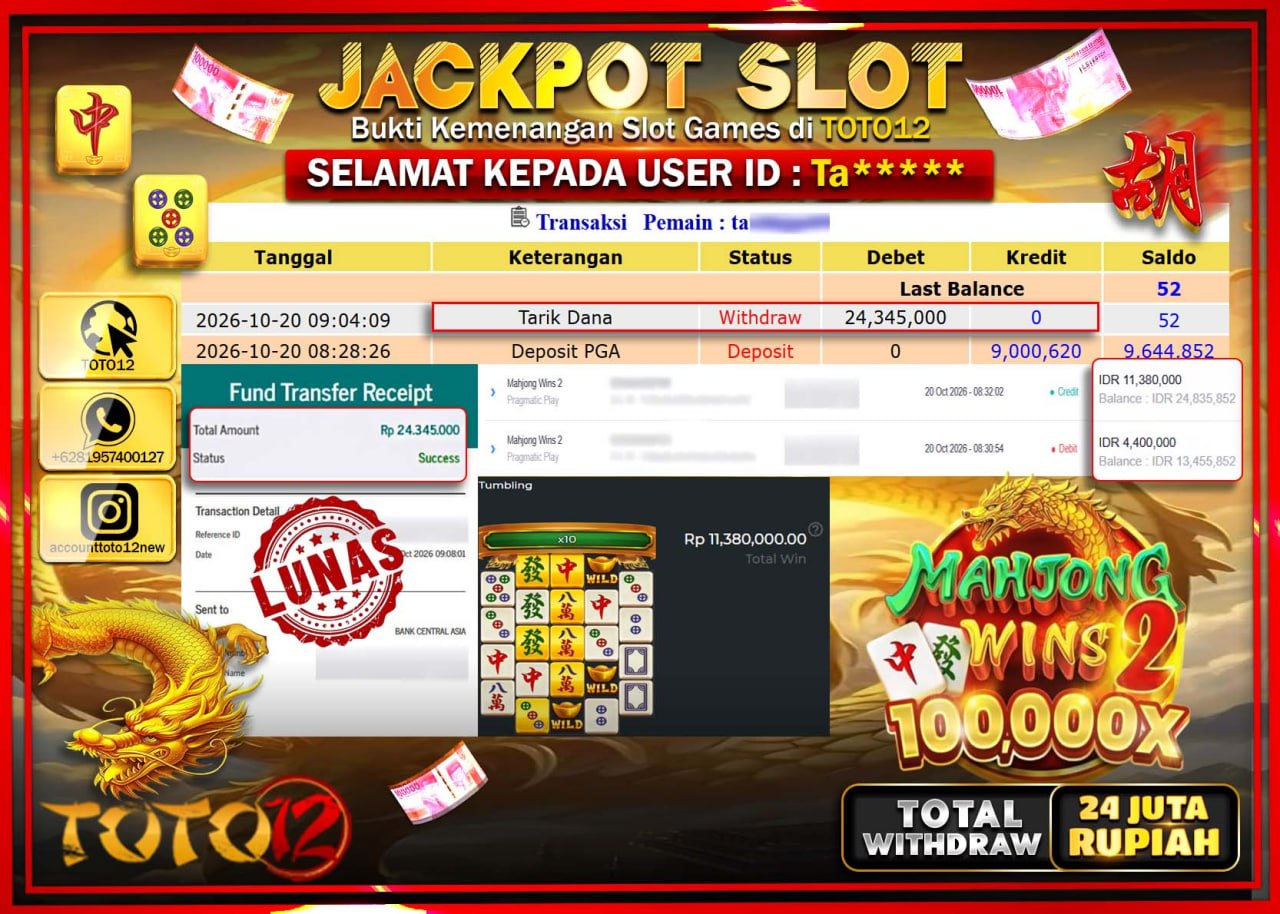 HANYA DI TOTO12 JP PASTI DI BAYAR LUNAS DAN CEPAT!!!!!! JACKPOT SLOT GAME(MAHJONG WINS 2) Rp24.345.000!!!!
