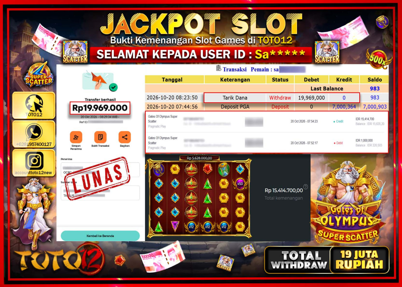 HANYA DI TOTO12 JP PASTI DI BAYAR LUNAS DAN CEPAT!!!!!! JACKPOT SLOT GAME(GATES OF OLYMPUS SUPER SCATTER) Rp19.969.000!!!!