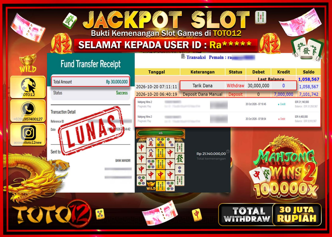 HANYA DI TOTO12 JP PASTI DI BAYAR LUNAS DAN CEPAT!!!!!! JACKPOT SLOT GAME(MAHJONG WINS 2) Rp30.000.000!!!!